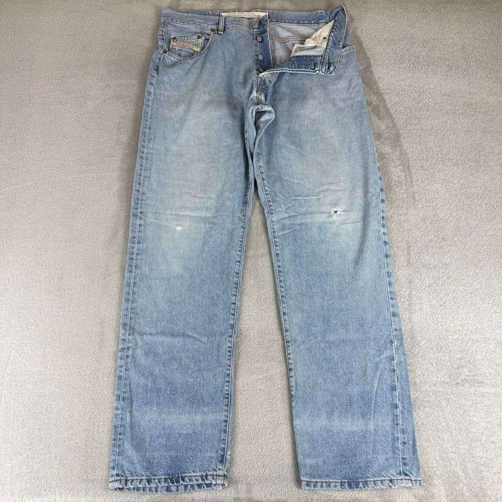 Diesel Trading Straight Jeans Mens 38x34 Blue Denim Distressed Button Fly Italy